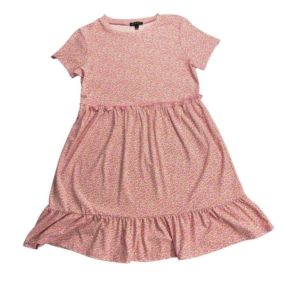 Pink M Floral Tiered Mini Dress Cottagecore Prairie Boho Soft Girl Daisy Flower
